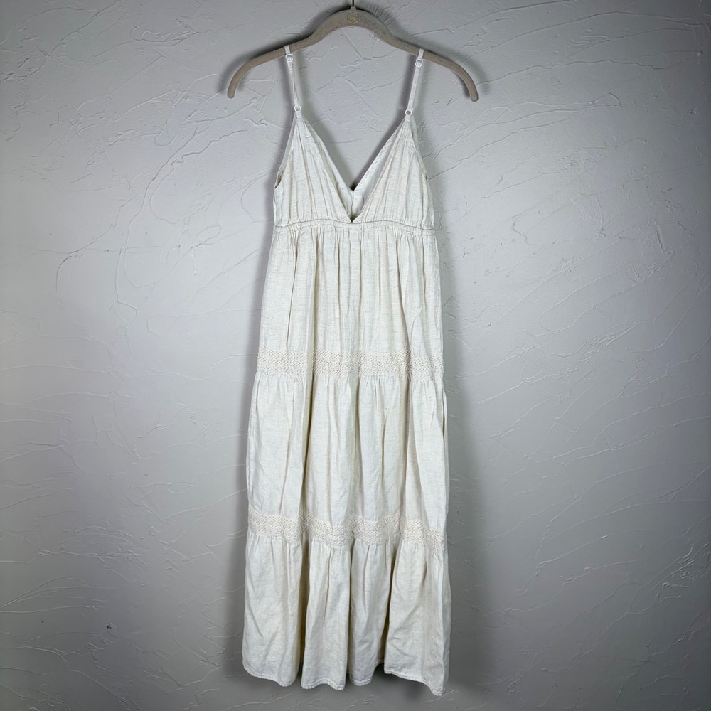 Sim & Sam Tiered Maxi Dress Cream Boho Cotton Linen Crochet Lace Natural Small - Picture 4 of 11
